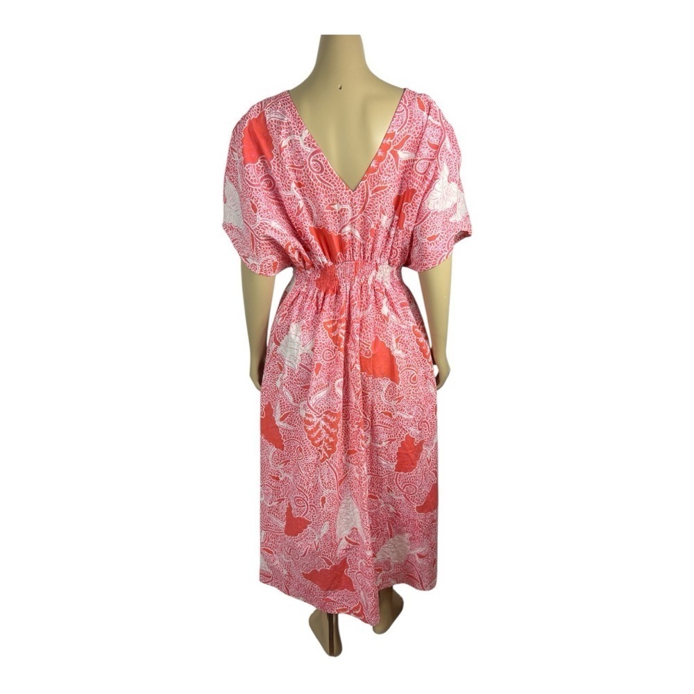 Fragonard Parfumeur One Size Caftan Tropical Print Maxi Dress Coral Smock Waist - Picture 2 of 15
